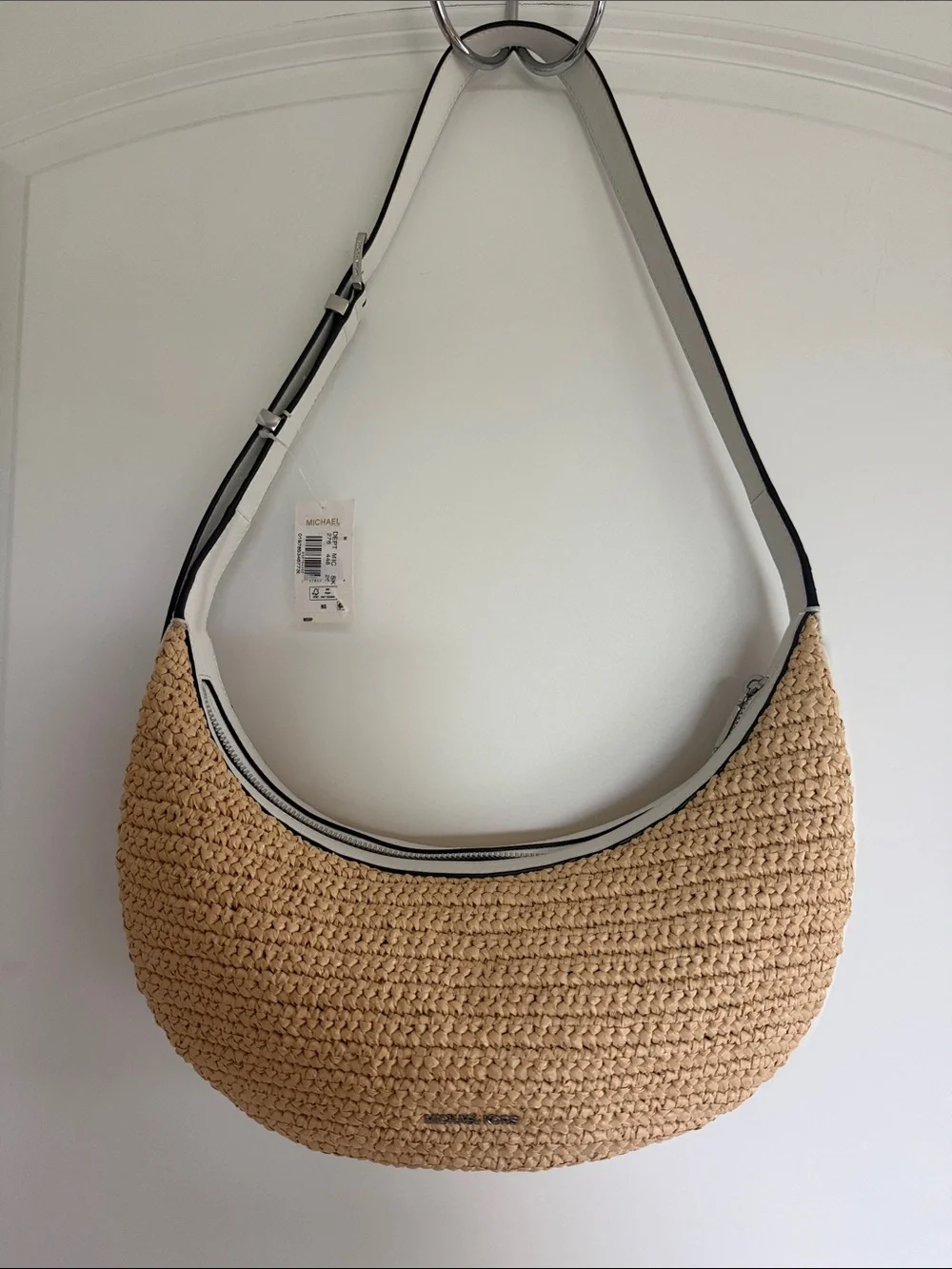 Michael Kors Straw Crescent Shoulder Bag with White Trim